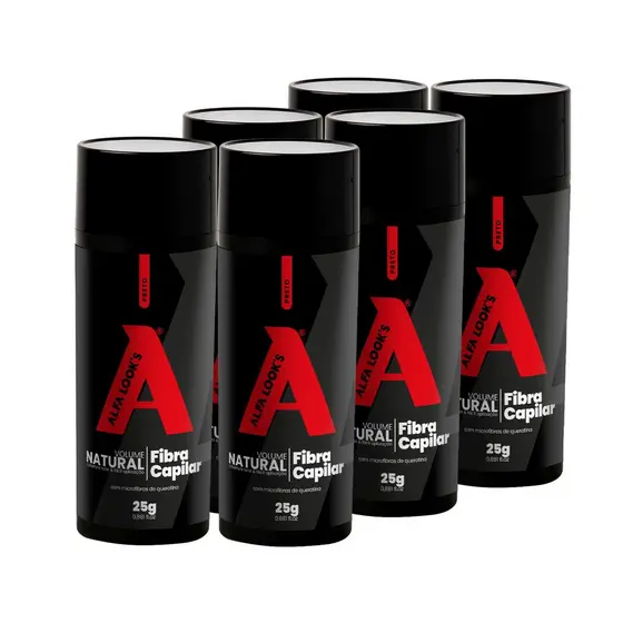 Kit 06 Fibra Capilar Preto Alfa Look’s 25g Efeito Volume Natural Disfarce de Falhas Imediato