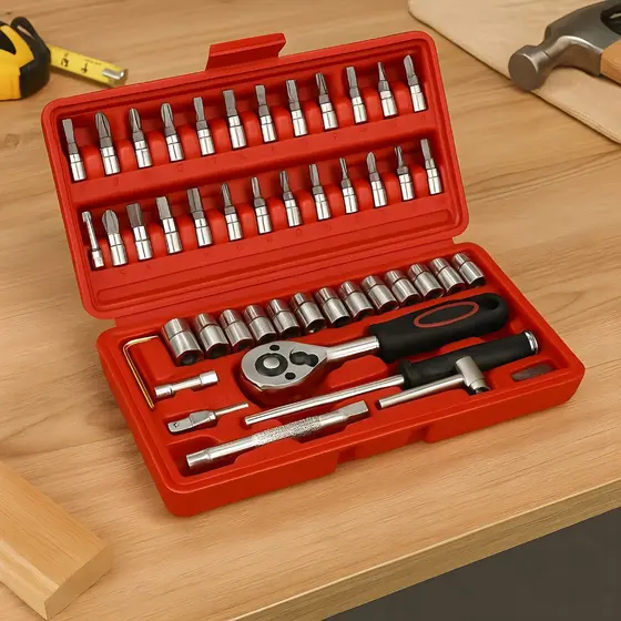 Jogo De Chave Catraca Reversível Kit Ferramentas Completo Maleta De Ferramenta Soquetes 46 Peças