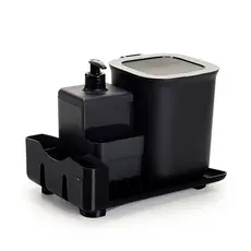 Kit Pia 3 Peças Compacto Escorredor 4 pratos Dispenser de Detergente e Lixeira 2,5 Litros Cores Preto e Branco DasPlast