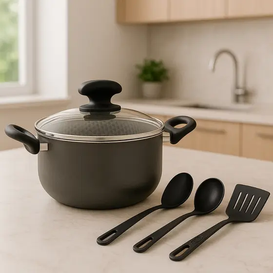 Panela Caçarola Antiaderente Grafite com Kit de Utensilios Revestimento Cerâmico Premium Com Tampa