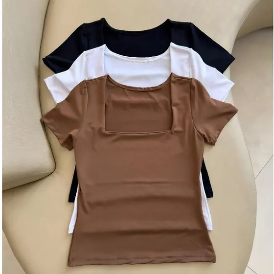 kit 3 Blusas Feminina Baby Look Manga Curta Gola Quadrada Decote Quadrado Moda Casual Vers谩til Blogueira 2025