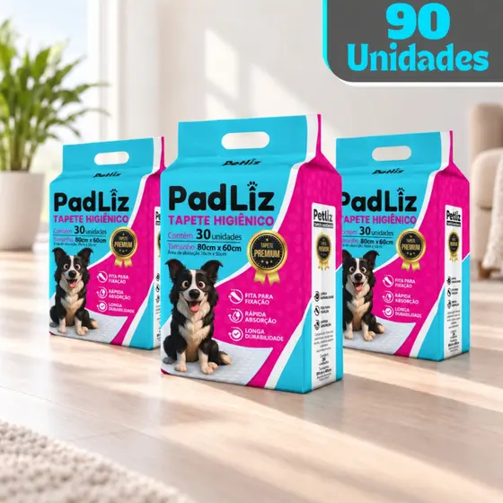 Kit 3 Tapete Higiênico para Cachorro Padliz 80 x 60 cm 90 Unidades - Petliz
