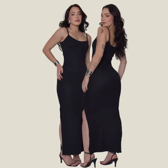 KIT 2 Vestido Canelado Longo com Fenda Lateral de Alcinha Varias Cores