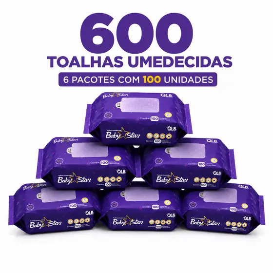 Caixa com 6 Lenços/Toalhas Umedecidas Baby Star Roxa com 100 Unidades Cada – Sem Tampa FlipTop
