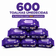 Caixa com 6 Lenços/Toalhas Umedecidas Baby Star Roxa com 100 Unidades Cada – Sem Tampa FlipTop