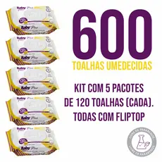 Caixa com 5 Lenços/Toalhas Umedecidas Baby Free Plus c/ 120 Unidades Cada – Tampa FlipTop