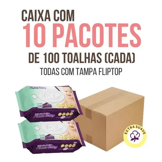 Caixa com 10 Lenços/Toalhas Umedecidas Pluma Baby c/100 Unidades Cada - Sem Tampa FlipTop