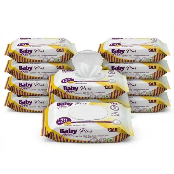 Caixa com 10 Lenços/Toalhas Umedecidas Baby Free Plus c/ 120 Unidades Cada – Sem Tampa FlipTop