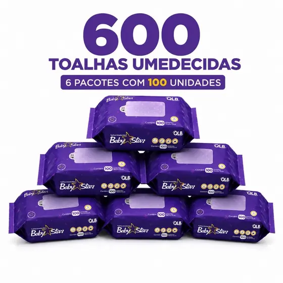 Caixa com 6 Lenços/Toalhas Umedecidas Baby Star Roxa c/ 100 Unidades Cada – Sem Tampa FlipTop