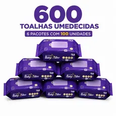 Caixa com 6 Lenços/Toalhas Umedecidas Baby Star Roxa c/ 100 Unidades Cada – Sem Tampa FlipTop