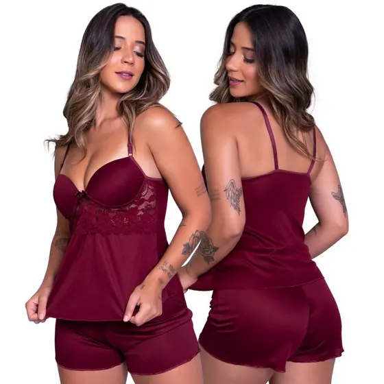 Baby Doll com Bojo Feminino Liso Romantic Renda Roupa de Dormir Pijama