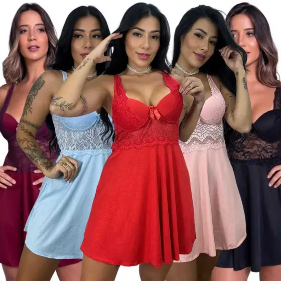 Kit 5 Camisola Bojo Feminina Alça Renda Dormir Moda Intima Pijama Vestido Adulto