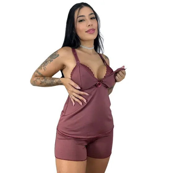 Baby Doll Regata Botao Amamentar Mamae Short Curto Pijama Gravida Gestante Pós Cirurgico Parto