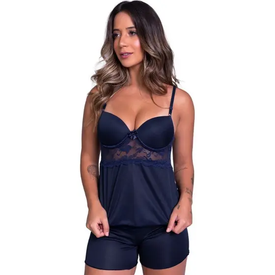 Pijama Baby Doll com Bojo Alça Verao Feminino Short Dormir Confortavel Renda Cropped