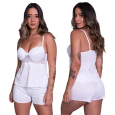 Pijama Short Doll com Bojo Alça Verao Feminino Dormir Confortavel Renda Cropped