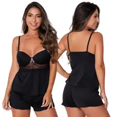 Pijama de Dormir Short Doll com Bojo Alça Verao Feminino Confortavel Renda Cropped