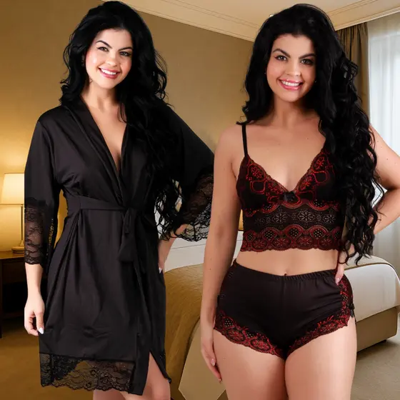 Kit Baby Doll Bicolor Blusinha Shortinho + Robe Romantic Renda Hobby Luxo Noiva Lua de Mel