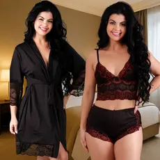 Kit Baby Doll Bicolor Blusinha Shortinho + Robe Romantic Renda Hobby Luxo Noiva Lua de Mel