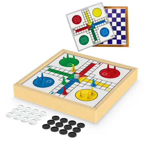 Jogo Dama e Ludo Madeira Tabuleiro Madeira 2 Em 1 Estojo MDF
