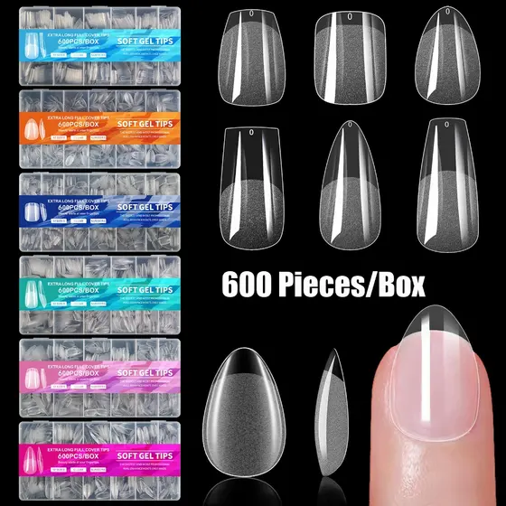 600 Soft Gel Unhas Postiças Inteiras Transparente Tips,Amendoada Curta,Média Quadrada,Bailarina