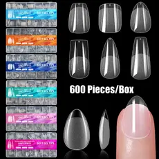 600 Soft Gel Unhas Postiças Inteiras Transparente Tips,Amendoada Curta,Média Quadrada,Bailarina