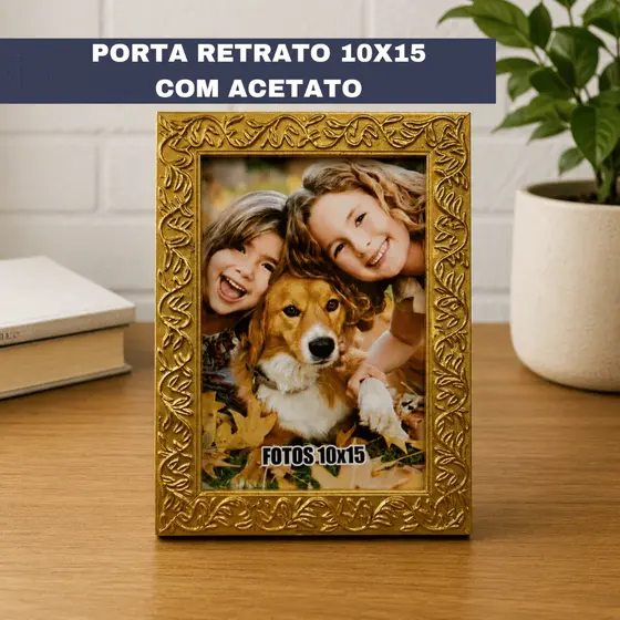 PORTA RETRATO 10X15 DOURADO NA GRAVAÇÃO FLORAL PARA DECORACÃO COM ACETATO E HDF