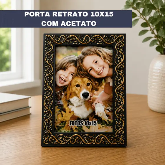 PORTA RETRATO 10X15 PRETO COM DOURADO NA GRAVAÇÃO FLORAL PARA DECORACÃO COM ACETATO E HDF