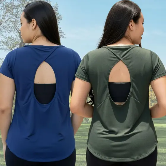 Kit 2 Blusas Camisetas Feminina Academia Abertura Vazado Costas Fitness Treino Básica Esportiva Lisa