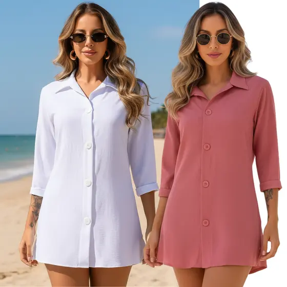 Kit 2 Saída Praia Chemise Vestido Moda Praia Camisa Verão Camisão Manga Premium Fresquinha Feminina