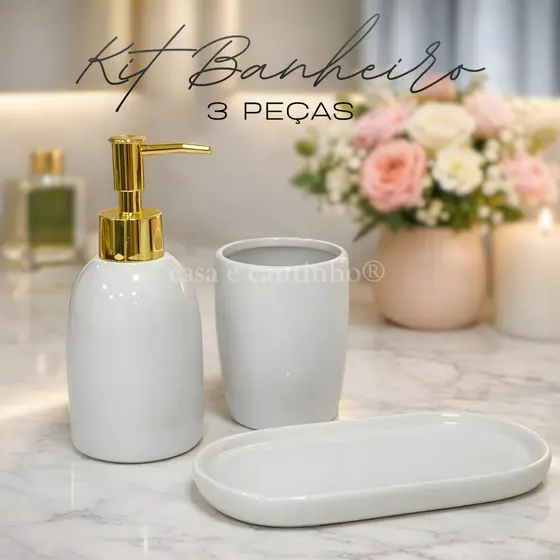 Kit 3 Peças de Banheiro Dispenser Porta Sabonete Liquido escova de Dente com bandeja