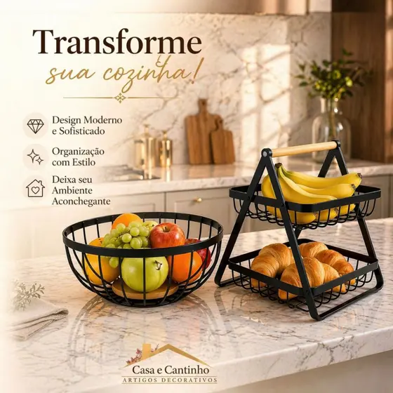Fruteira de Mesa Rustica de Ferro e Bambu para Café da Manhã Multiuso de Metal Preto