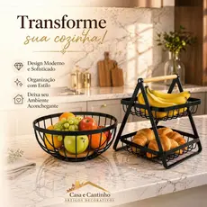 Fruteira de Mesa Rustica de Ferro e Bambu para Café da Manhã Multiuso de Metal Preto