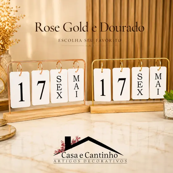 Calendário de Mesa Decorativo com Plaquinhas Preto/Dourado Permanente Escritório