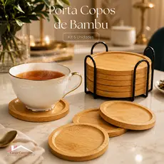 Porta Xícaras de Bambu Porta Copos Redondo com Suporte de Ferro Para Mesa Cozinha e Escritorio