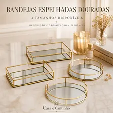 Bandeja Decorativa Espelhada Multiuso Retangular ou Redonda Porta Maquiagem ou Perfume Dourada