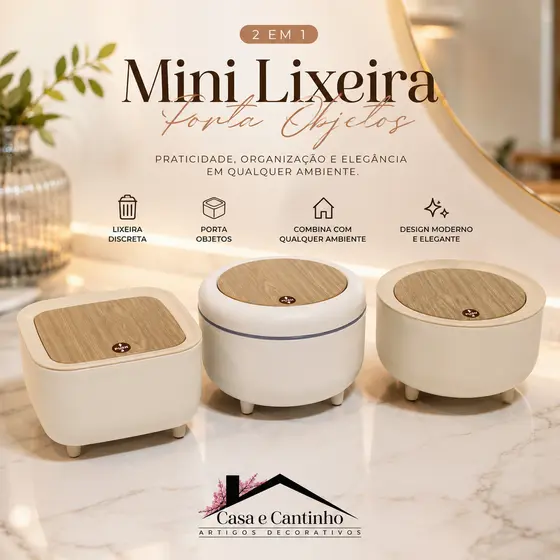 Mini Lixeira de Mesa para Penteadeira Tampa de Pressão Cesto Porta Objeto Organizador Multiuso