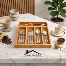 Porta Talheres MDF + Bambu Organizador com Divisórias Para Gaveta