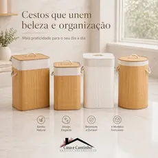 Cesto de Roupa Suja Bambu Dobrável com Tampa e Forro Organizador Grande e Resistente Banheiro
