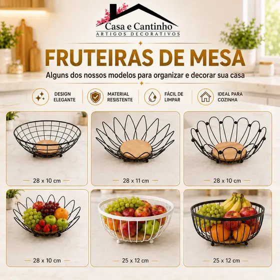 Fruteira de Mesa 2 Andares Ferro e Bambu para Café da Manhã Multiuso de Metal Preto Cesto Organizdor