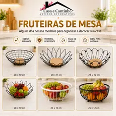 Fruteira de Mesa 2 Andares Ferro e Bambu para Café da Manhã Multiuso de Metal Preto Cesto Organizdor