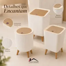 Lixeira De Plástico 9 Litros Branca Chanfrada Pés De Bambu Tampa Click De Pressão Cozinha Banheiro
