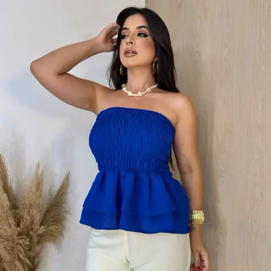 Blusa tomara que  caia  estilosa elastex  com babado no duna qualidade premium  acabamento perfeito verão ELEGANTE
