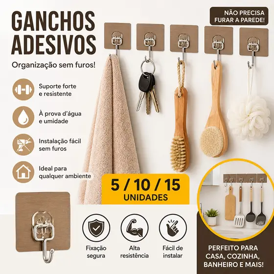 KIT 5/10/15 Gancho Adesivo Parede Multifuncional Autocolante Casa Cozinha Quarto Banheiro Organizado