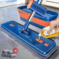 KIT 8 Conjunto De Esfregão Plano E Balde Dobrável De Microfibra Com Raspador De Desaguamento