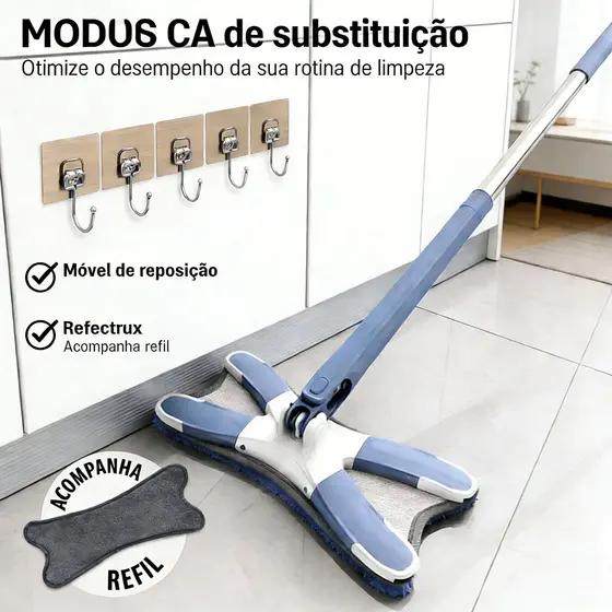 Mop de 2 Panos Reutilizáveis + Gancho Prático - Combo Completo para Limpeza Eficiente e Espaço Economizado