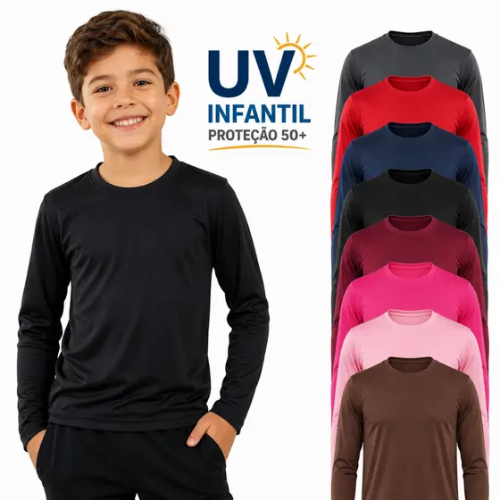 Camiseta Segunda Pele Infantil com Proteção Uv Menino Manga Longa 1 ao 14 Praia Natação Piscina Fut