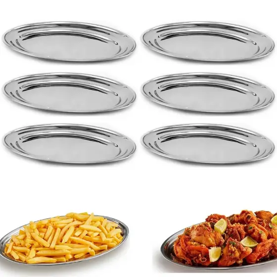 6 Travessa Bandeja Aço Inox Oval 29cm Porção Salada Inox