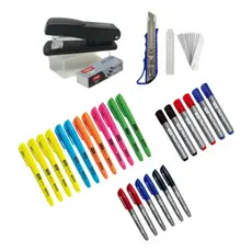 Kit Escritório 12 Marca Texto Grampeador + 5000 Grampo 1 Estilete + 10 Laminas 6 Pincel Atomico 6 Caneta Retroprojetor