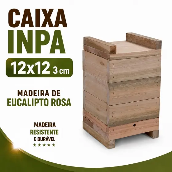 Caixa para Abelhas Sem Ferrão modelo INPA 12x12 3cm Jataí, Mirim, Iraí, Em Eucalipto
