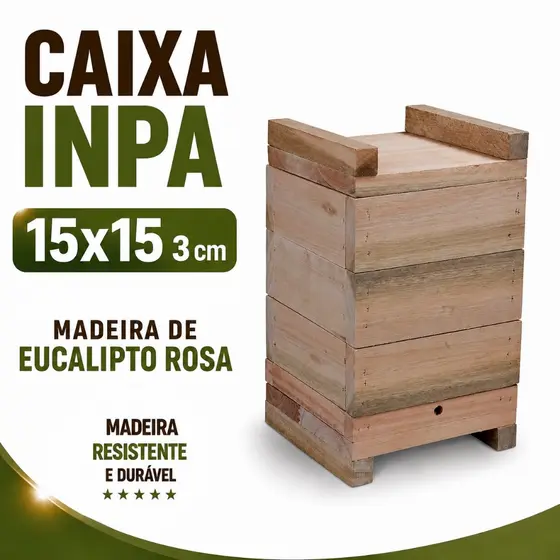 Caixa para Abelhas Sem Ferrão modelo INPA 15x15 3cm Manduri, Mandaçaia MQA, Jandaíra, Tubuna, Tiuba, Em Eucalipto